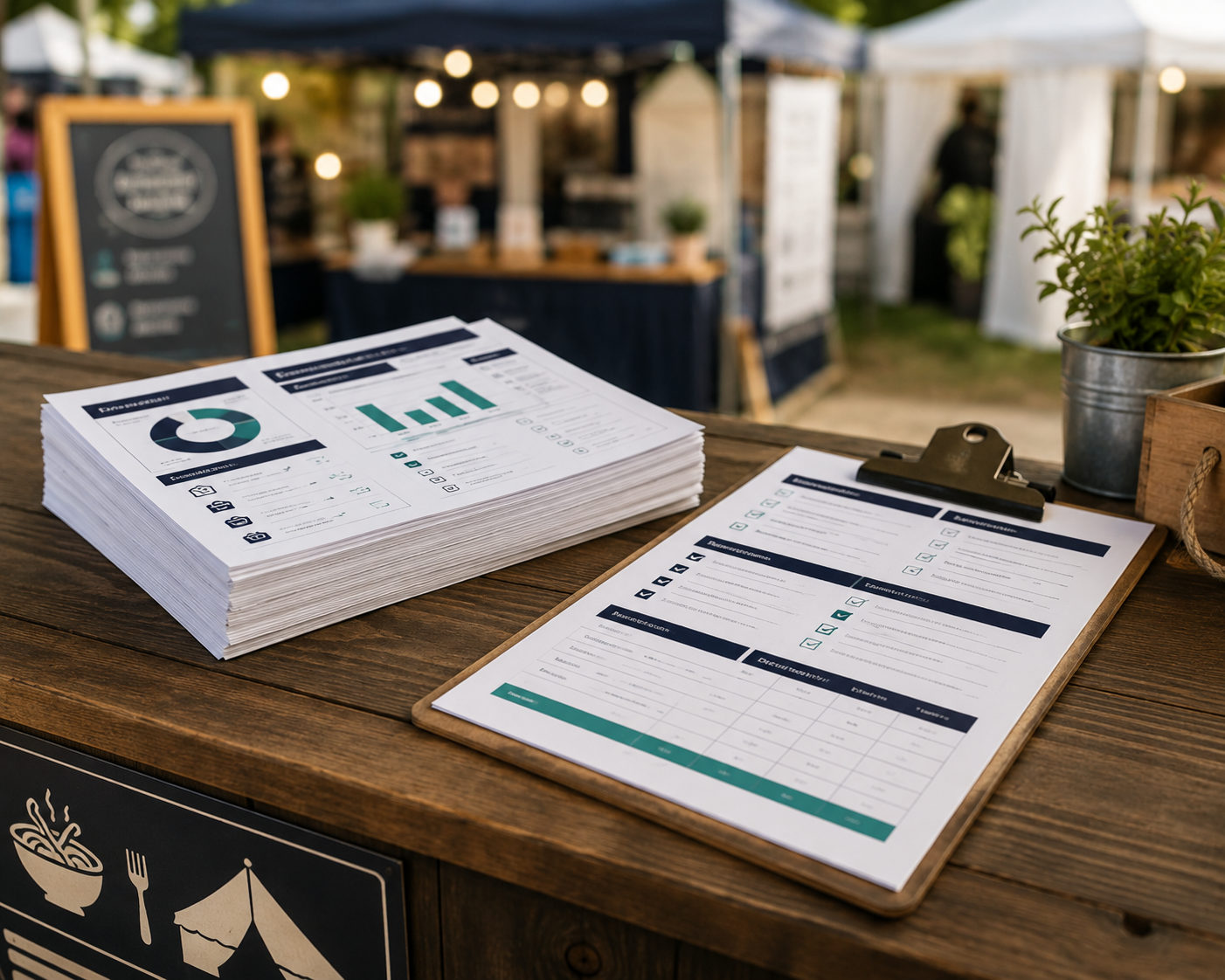 Stack of printed Vendor Market University worksheets and a clipboard at a festival booth